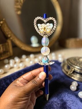 Handcrafted Bejeweled Butterfly Heart Beaded Pen - Blue & Pearl